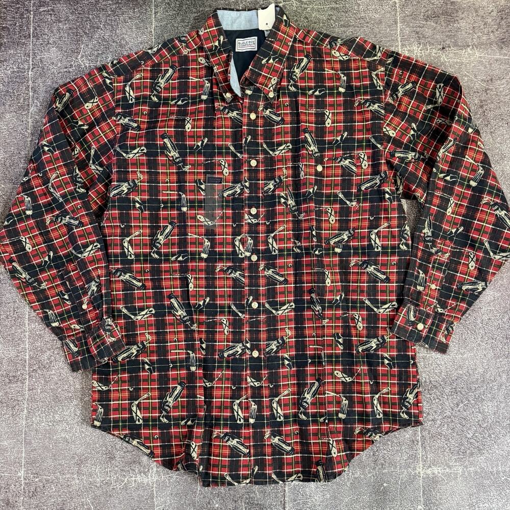 NWT Men's Vintage 90s Buffalo Plaid Golf Club All Over Print Button Up Polo Sz L